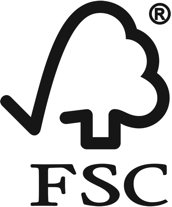 Black FSC logo showing a stylized tree made of simple lines, with a check mark forming part of the tree outline. The letters FSC appear in bold below the tree.