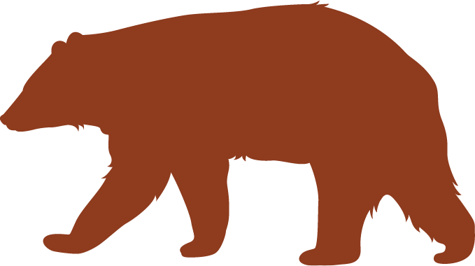 A brown silhouette of a black bear walking on all fours, facing to the left, with its head slightly lowered and tail visible.
