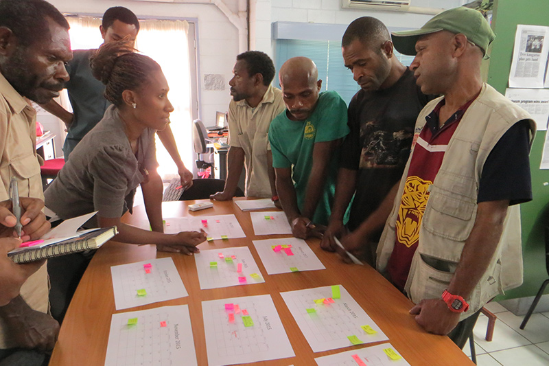 Six people stand around a table covered with papers and calendars marked with colorful sticky notes, engaged in discussion and planning the next steps for operating the Tree Kangaroo Conservation Program in a bright office setting.