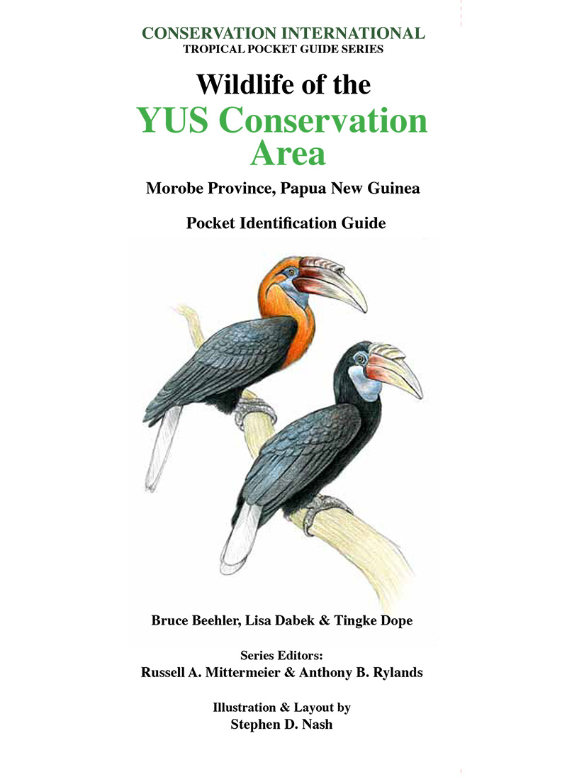 Cover of a wildlife identification guide featuring two colorful hornbills, Conservation International title, and author names: Bruce Beehler, Lisa Dabek, Tingke Dope.