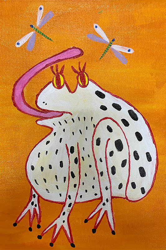 Tranh vẽ một con ếch đang cố bắt côn trùng.