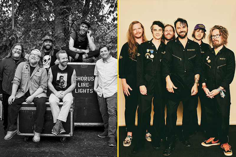 Split image: On the left, a black-and-white photo of six men posing casually outdoors by a fence. On the right, a color photo of six men standing together indoors, wearing matching black jumpsuits and smiling.