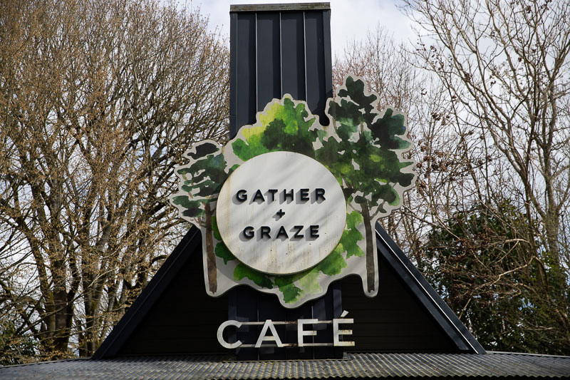 Un cartel que dice “Gather & Graze” (Recolectar y pastar) con hojas verdes ilustradas está montado sobre la entrada de un café, con árboles desnudos y un cielo nublado en el fondo.