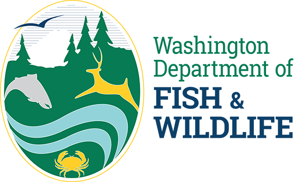 Logo of the Washington Department of Fish & Wildlife featuring a landscape with trees, a fish, a deer, a crab, flowing water, and a bird in flight, alongside the departments name in green and blue text.