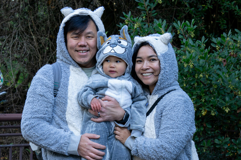 A smiling family of three, two adults and a child, pose together outdoors wearing matching gray costumes with hoods and ears. The background is filled with green foliage.