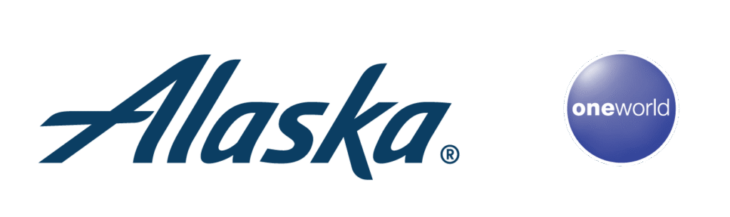 Alaska Airlines logo in blue script on the left, next to a blue circle with the oneworld alliance logo in white on the right, both on a light background.