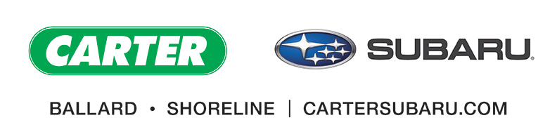 Carter Subaru logo with green CARTER sign, blue Subaru emblem, and text: SUBARU. Locations listed as Ballard and Shoreline, plus website: cartersubaru.com.