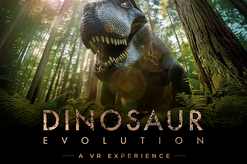 A large, roaring T. rex stands in a sunlit forest with tall trees. Text at the bottom reads: DINOSAUR EVOLUTION - A VR EXPERIENCE.