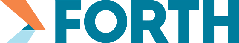 Logo with the word FORTH in bold teal letters; to the left, three geometric shapes form an abstract arrow using orange, teal, and light blue colors, pointing right.