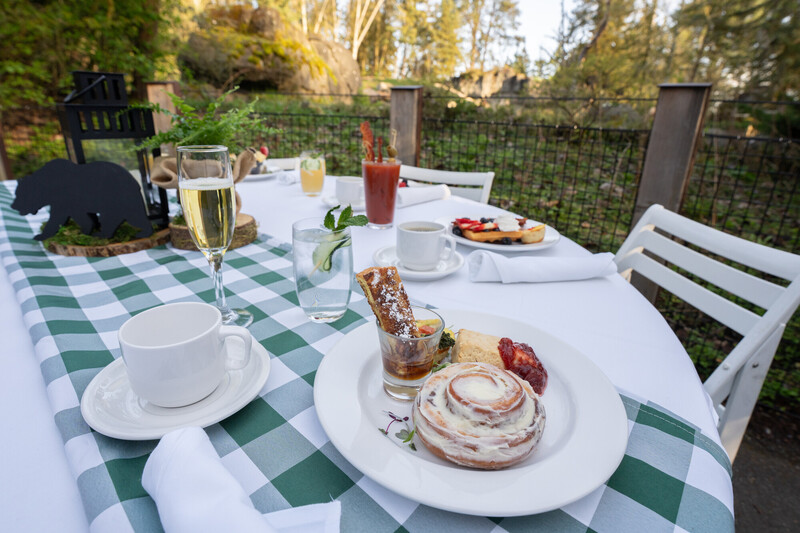 A table set outdoors with a checkered tablecloth, displaying a cinnamon roll, coffee, juice, champagne, a Bloody Mary, and assorted breakfast foods. Green trees and rocks are in the background.