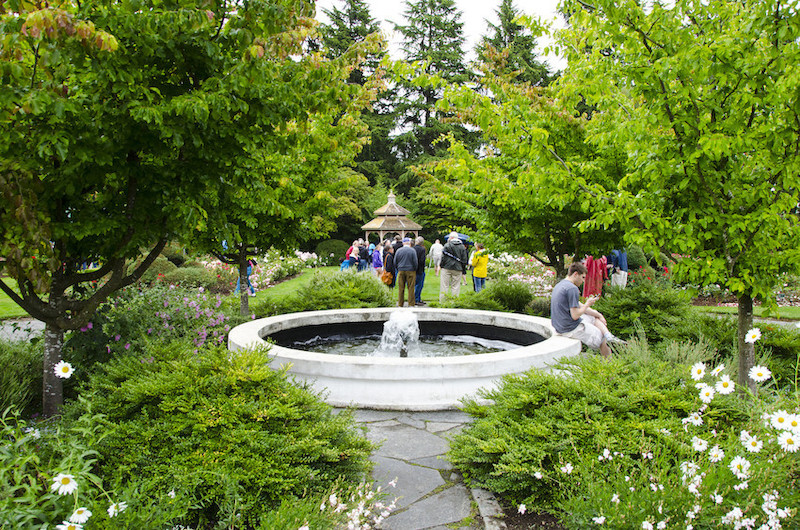 People gather around a circular fountain in a lush garden with green trees, flowering bushes, and a stone path. A person sits at the fountain’s edge, while others stand near a gazebo in the background.