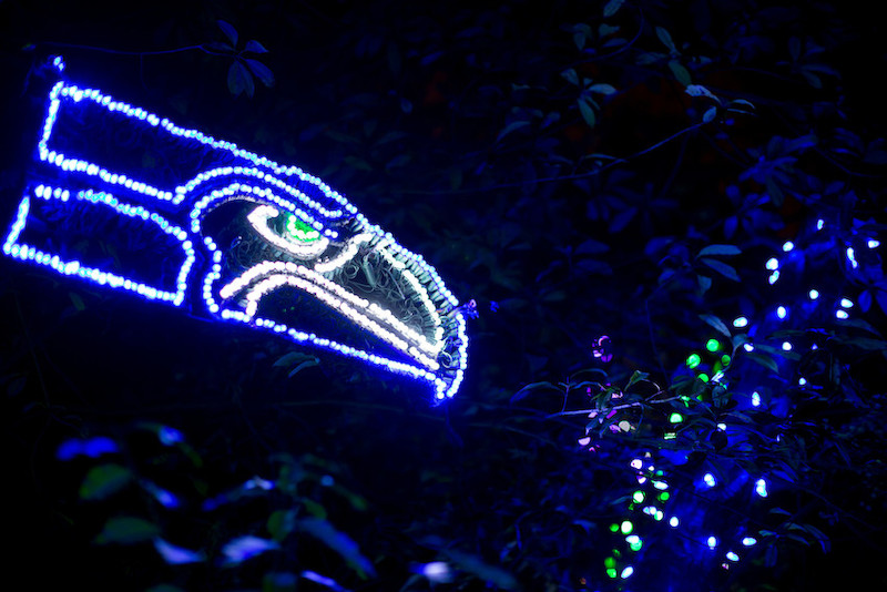 A glowing light display of the Seattle Seahawks logo is surrounded by blue, green, and white lights against a dark, leafy background at night.