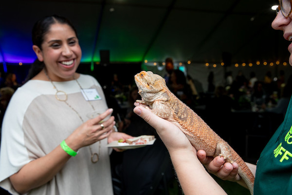 A person holds a bearded dragon while a smiling woman with dark hair and a name tag looks on, holding a plate of food at an indoor event with festive lighting.