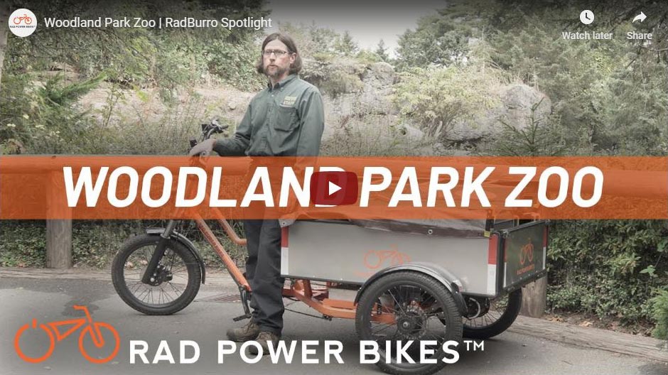 A man in a green Woodland Park Zoo shirt stands next to an orange electric cargo tricycle with a trailer, branded with “RAD POWER BIKES,” in a wooded outdoor setting.