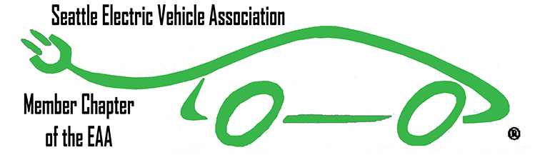 Green outline of a car with a plug as the tail, representing an electric vehicle. Text reads Seattle Electric Vehicle Association Member Chapter of the EAA on a white background.