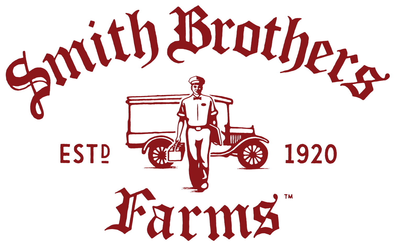 Vintage-style logo reading Smith Brothers Farms ESTD 1920 with an illustration of a delivery man carrying a bottle in front of an old-fashioned delivery truck.