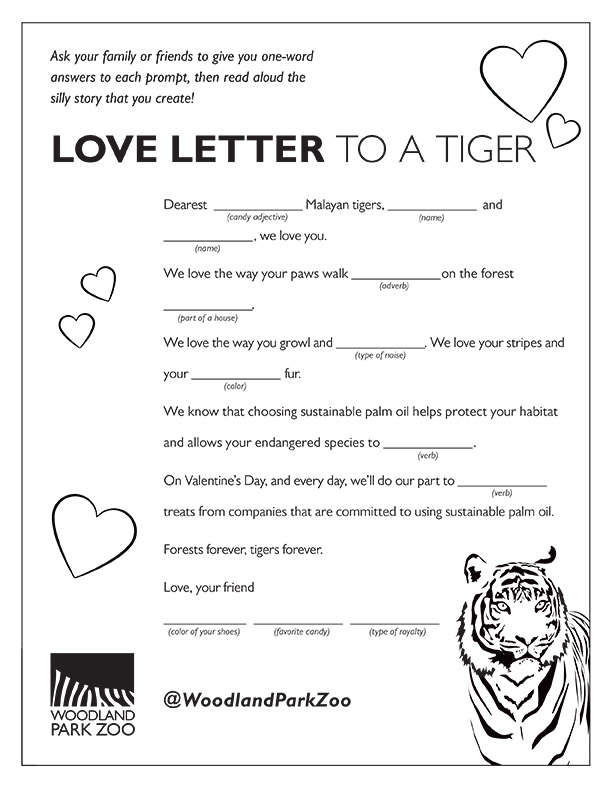 Hoja de actividades para rellenar con letras para el Día de San Valentín para niños, con temática de tigres y sostenibilidad, con ilustraciones de corazones y un dibujo de un tigre. El logotipo y las redes sociales del Zoológico Woodland Park se encuentran en la parte inferior.
