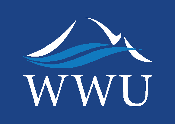 White letters WWU below a stylized mountain and wave design in blue and white, set against a solid blue background.