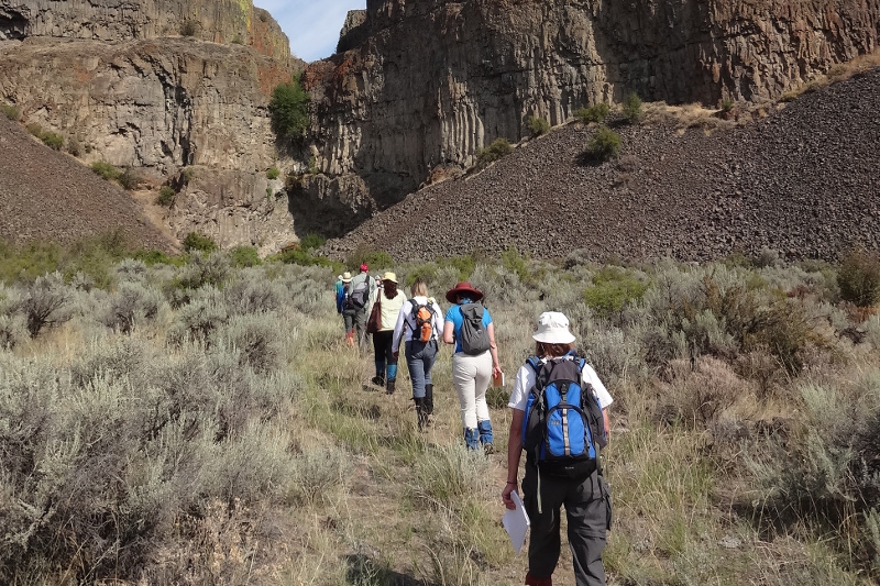 Un grupo de personas con mochilas y sombreros caminan por un sendero cubierto de hierba rodeado de artemisas, colinas rocosas y acantilados bajo un cielo parcialmente soleado.