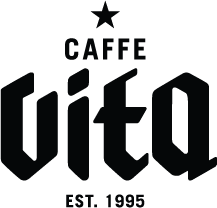 Caffe Vita的黑白标志,“CAFFE”一词上方有星星,粗体棱角字体“vita”,下方写着“EST. 1995”。