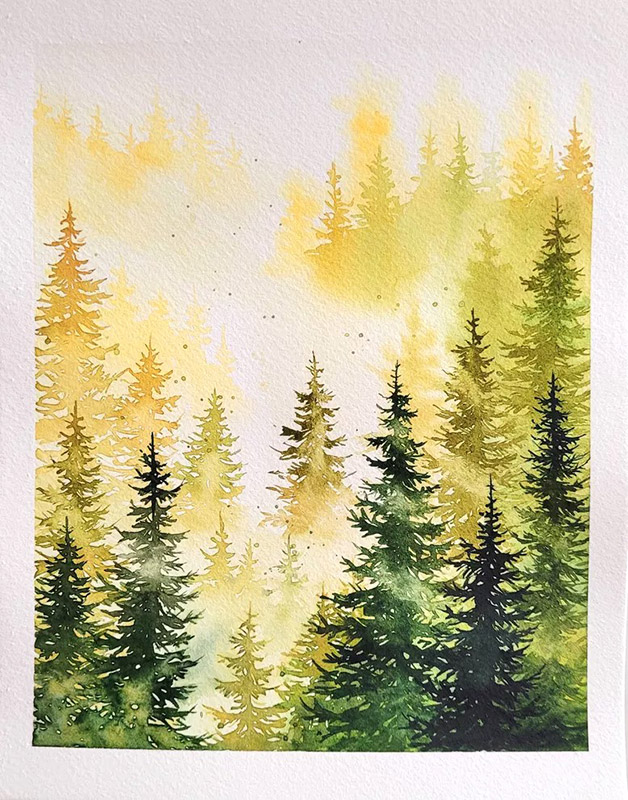 Watercolor painting of a dense forest with layers of evergreen trees in varying shades of green and yellow, creating a misty and tranquil atmosphere. The background fades into soft, light colors.