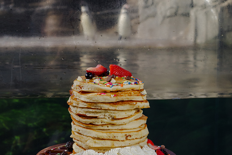 A tall stack of pancakes topped with strawberries, blueberries, and colorful sprinkles, set against a blurred metallic background. Whipped cream and berries surround the base of the stack.