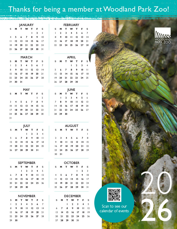 2026 calendar with a close-up photo of a green parrot perched on mossy rocks. Text thanks Woodland Park Zoo members, and there is a QR code to view the calendar of events.