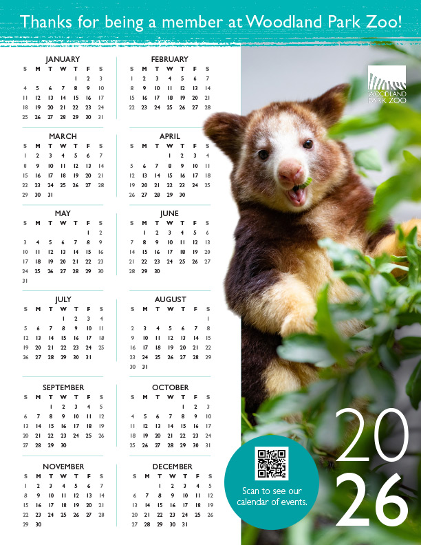 2026 calendar featuring a tree kangaroo with its tongue out, clinging to a branch. Text thanks Woodland Park Zoo members. A QR code invites users to scan for a calendar of events.