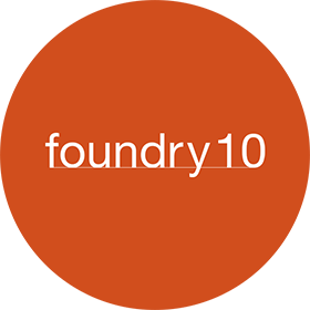 An orange circle with the word foundry10 in lowercase white letters centered in the middle.