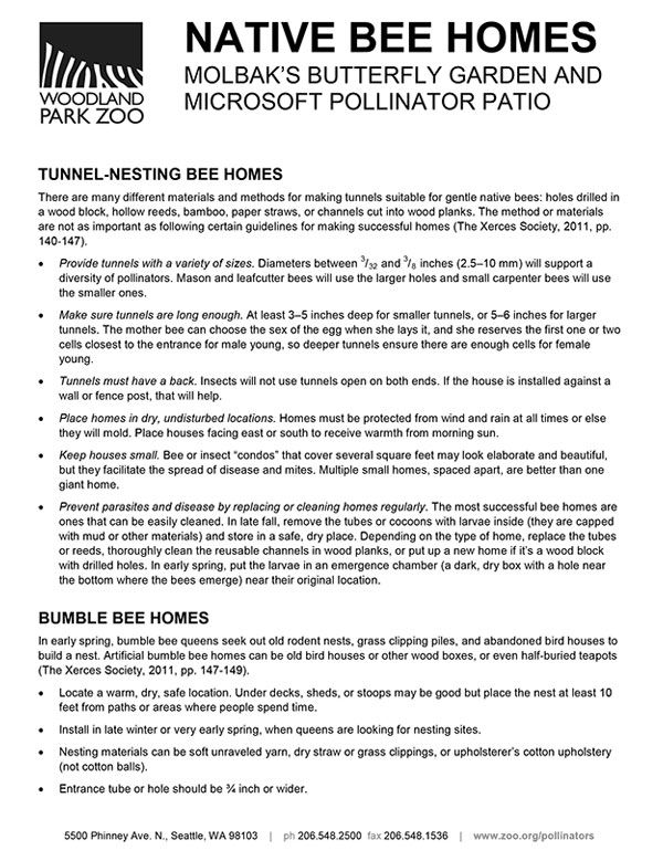 A flyer from Woodland Park Zoo titled NATIVE BEE HOMES, giving detailed instructions and tips on building tunnel-nesting bee homes, including hole sizes, materials, placement, and maintenance. Contact info is listed at the bottom.