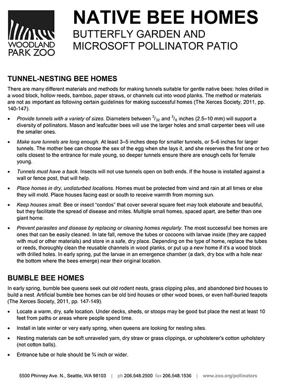 Informational flyer from Woodland Park Zoo about native bee homes, covering tunnel-nesting bee homes and bumble bee homes, with guidelines for materials, sizing, placement, and maintenance for supporting pollinators. Contact and website included.