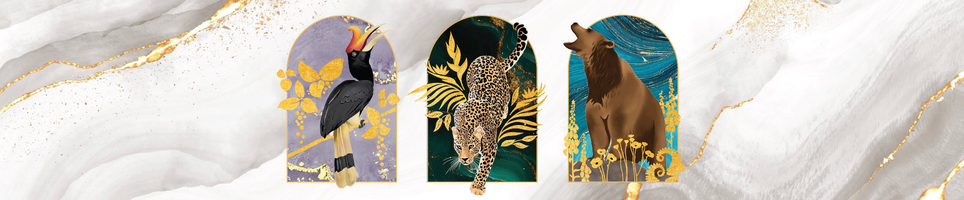 Three stylized gold and black animal illustrations—a bird, a leopard, and a howling wolf—are set against textured marbled and abstract backgrounds with gold accents.