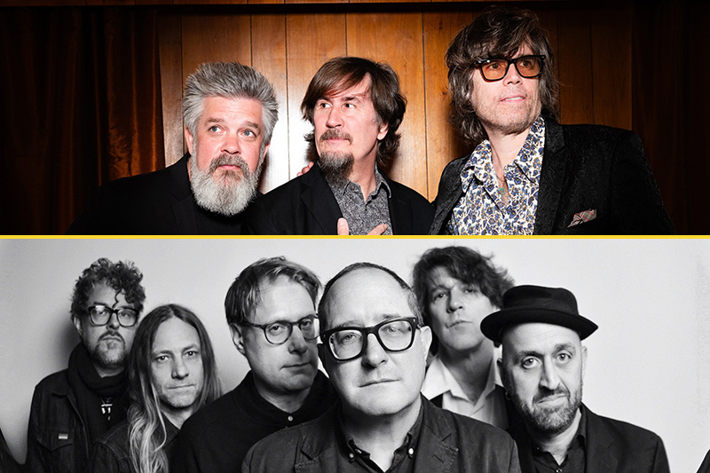 Two band group portraits: the top features three men with beards and mustaches, standing in front of a wooden wall; the bottom shows six men with varying hairstyles and glasses, posing against a plain white background.