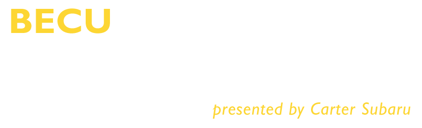 Logo for BECU ZooTunes presented by Carter Subaru, with BECU in yellow and ZooTunes presented by Carter Subaru in white on a light gray background.
