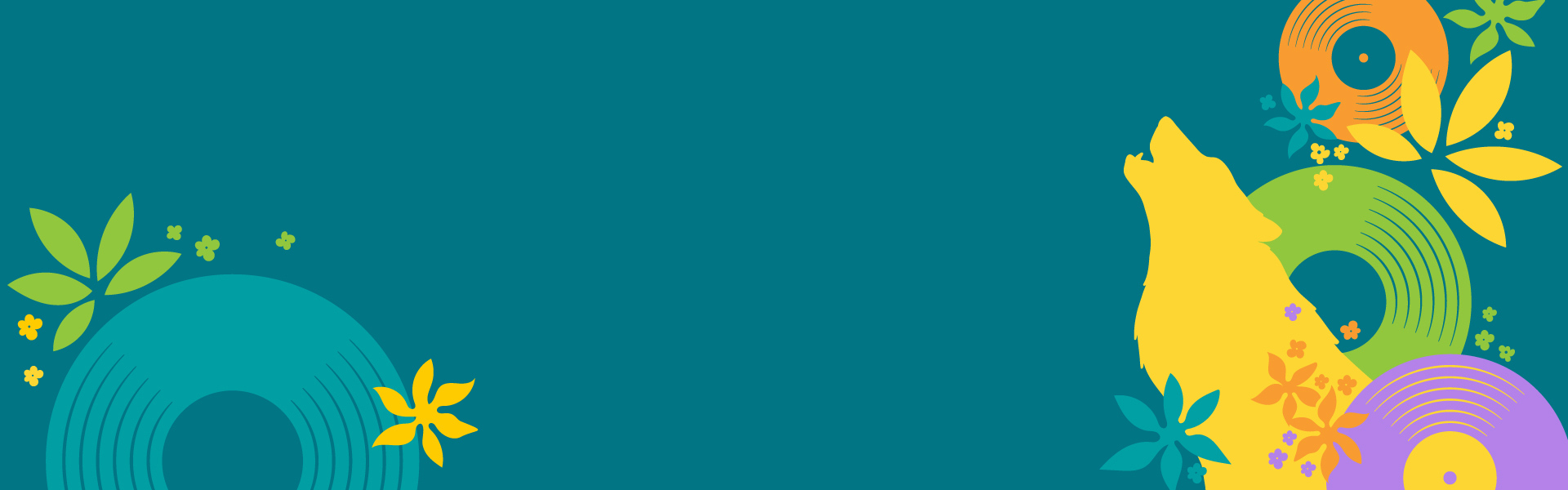 Colorful abstract design with a yellow wolf howling on the right, surrounded by vibrant circular shapes, yellow and green flowers, and leaves, set against a teal background with ample empty space on the left.