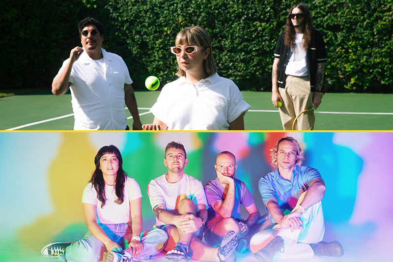 The image is split in two: the top half shows three people on a tennis court with racquets and a tennis ball; the bottom half shows four people sitting against a colorful, shadowed background.
