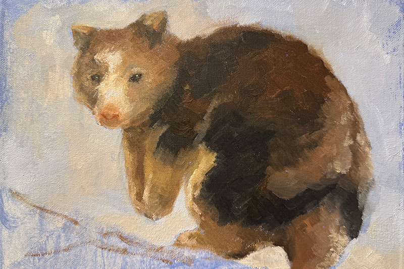 A painting of a brown and tan bear-like animal sitting on a snowy surface against a light blue and white background, with soft, blended brushstrokes creating a gentle, impressionistic effect.