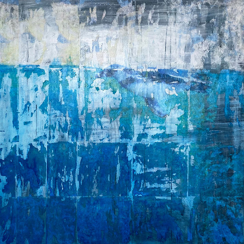 Abstract painting featuring shades of blue and white, with textured, layered brushstrokes suggesting an underwater scene. A whale-like shape appears to swim beneath the water’s surface, blending into the oceanic background.