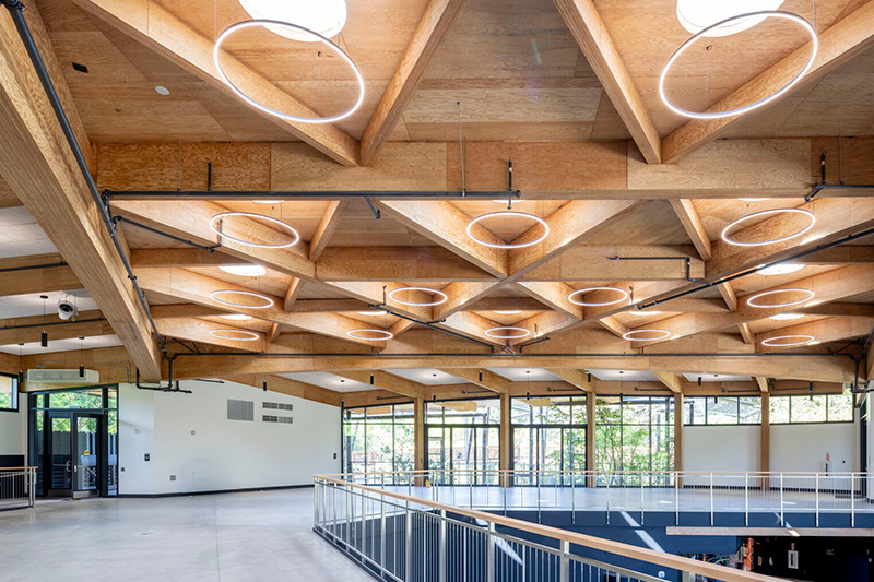 Spacious modern interior with a wooden geometric ceiling, circular halo lights, large windows, and a metal railing overlooking an open area below. Natural light fills the room.
