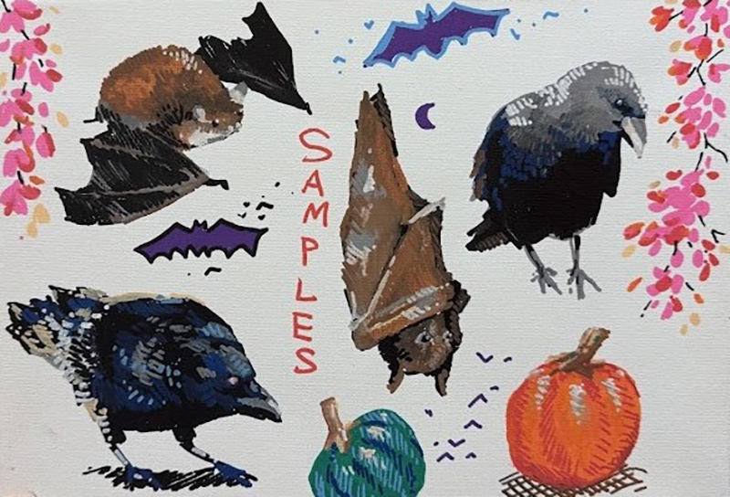 Illustration of bats and crows with pumpkins, a green squash, purple bats, and autumn leaves. “SAMPLES” is written vertically in red text at the center. The overall theme is autumn or Halloween.