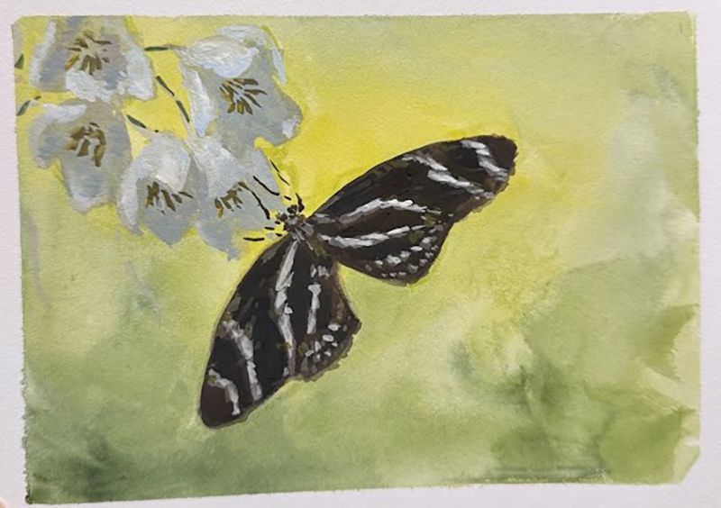 A painting of a black butterfly with white stripes perched on white flowers, set against a soft yellow and green background.