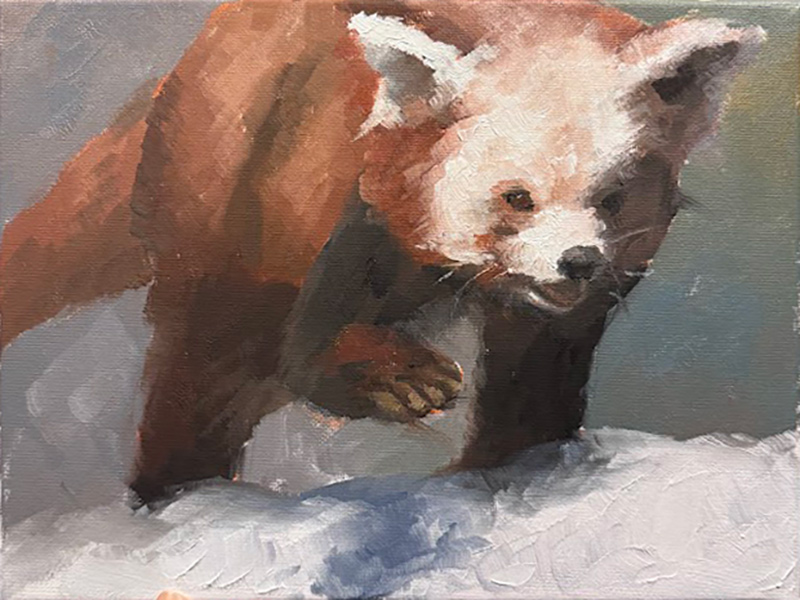 A painted image of a red panda walking on snow, featuring textured brushstrokes and warm brown, white, and black tones against a soft, muted background.