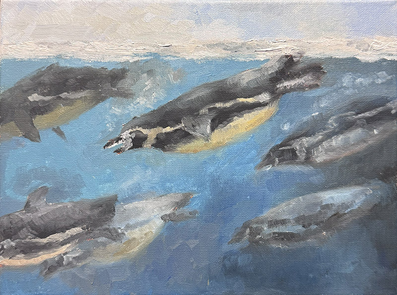 An impressionistic painting of penguins swimming underwater, with five visible penguins gliding through blue water. The brushstrokes are loose, giving the scene a sense of motion and energy.