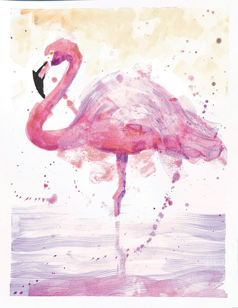 A watercolor painting of a pink flamingo standing on one leg in shallow water, with soft washes of pink and purple and a light beige background. Splashes and dots add a playful, artistic touch.