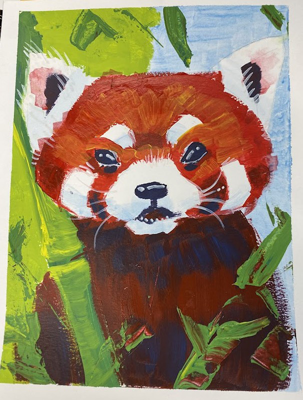 A colorful painting of a red panda surrounded by green bamboo leaves, with a light blue sky background. The red panda has reddish fur, white markings on its face, and a curious expression.