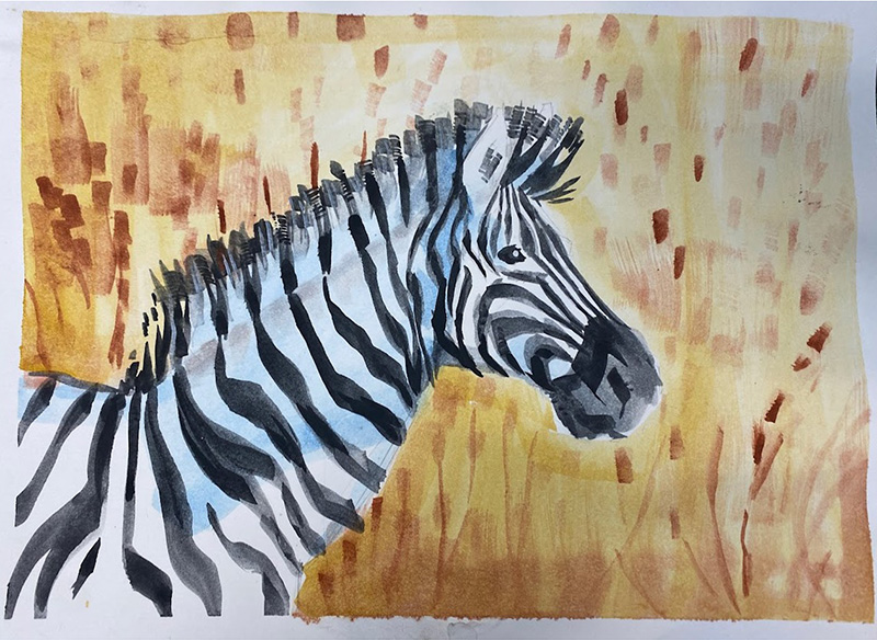 A watercolor painting of a zebra with black and white stripes, facing right, set against a warm, yellow and brown background that suggests tall grass or a savanna.