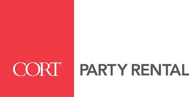 CORT Party Rental logo with CORT in white on a red square and PARTY RENTAL in gray on a white background.
