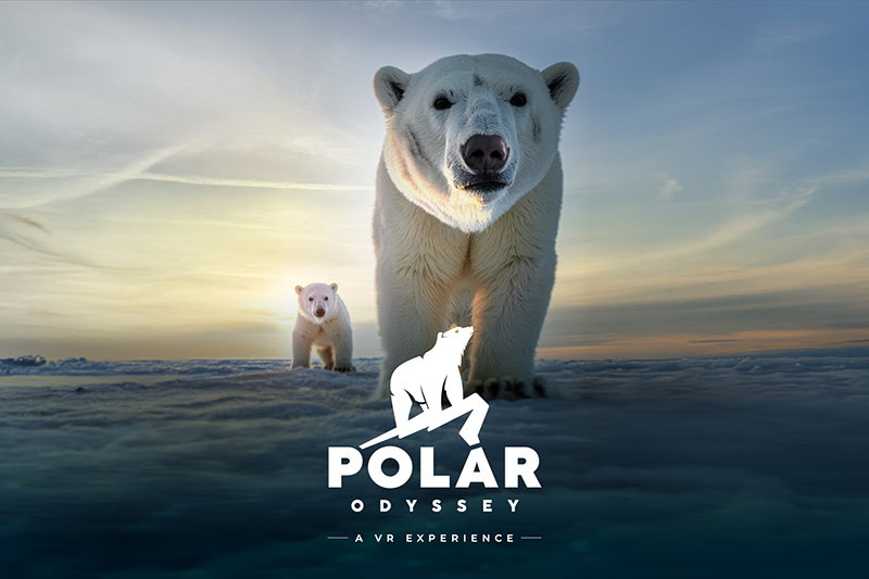 A large polar bear and a cub stand on snowy ground at sunset, with Polar Odyssey: A VR Experience text and logo featuring a polar bear in the foreground.
